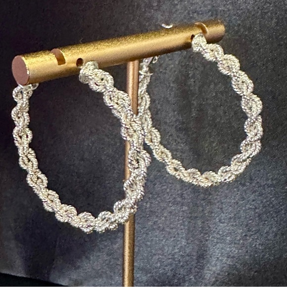 Silver-Plated Twisted Rope Hoop Earrings 1.75" - Picture 3 of 9